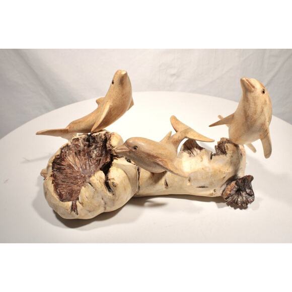 Hand Carved Dolphins Figures on Driftwood Art Beach Coastal Cabin Decor - Picture 3 of 12